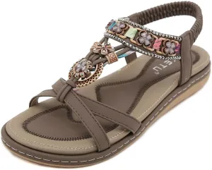 Women Bohemia Beaded Open Toe Flat Sandals Summer Comfortable Beach Sandal Shoes