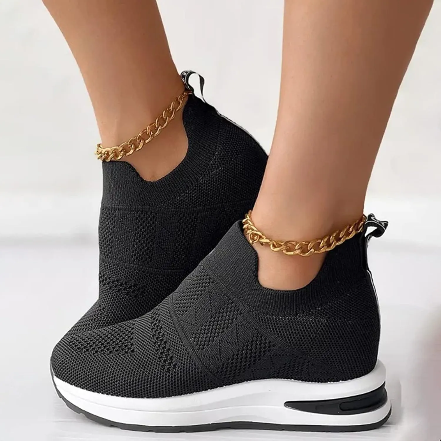 Women Casual Shoes Breathable Flat Sole Inner Elevated Sports Shoes Comfortable Shoes for Women Heels and Pumps Casual (Black, 7.5)