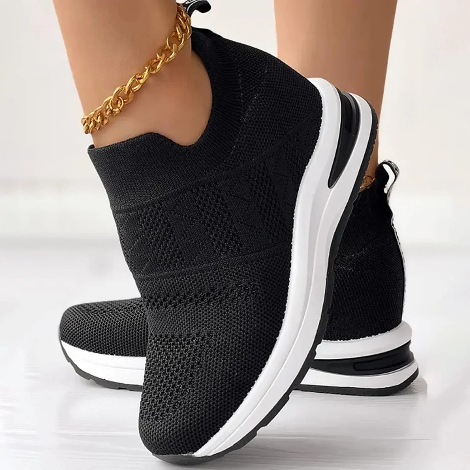 Women Casual Shoes Breathable Flat Sole Inner Elevated Sports Shoes Comfortable Shoes for Women Heels and Pumps Casual (Black, 7.5)