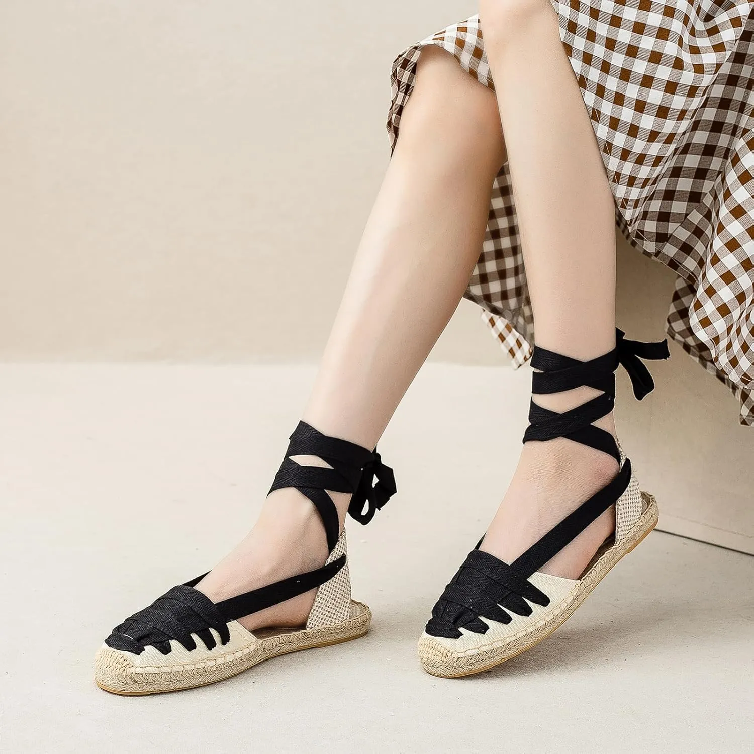 Women Espadrille Lace Up Flats Comfortable Summer Breathable Espadrille Sandals Adjustable Shoelace Dating Work Travel