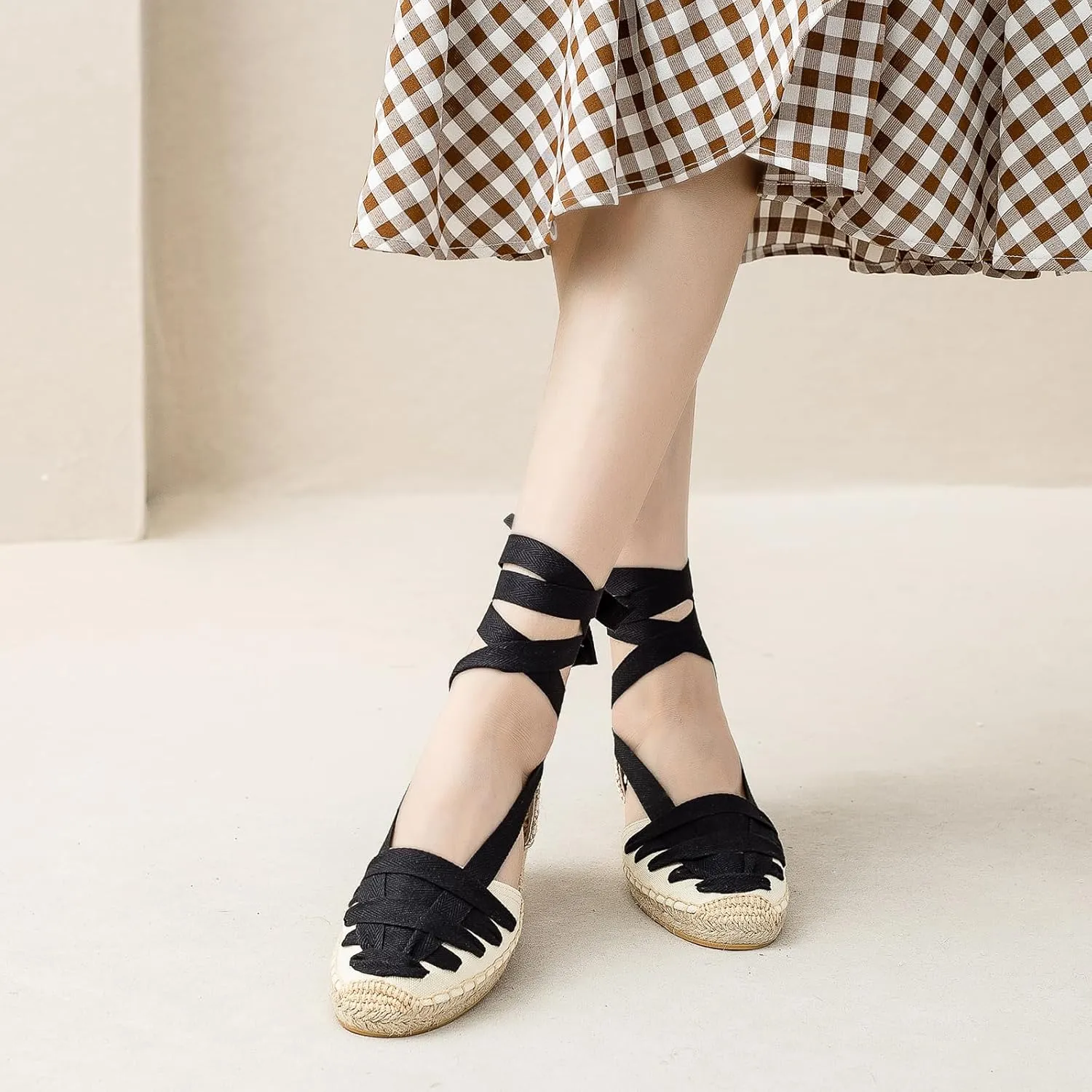 Women Espadrille Lace Up Flats Comfortable Summer Breathable Espadrille Sandals Adjustable Shoelace Dating Work Travel