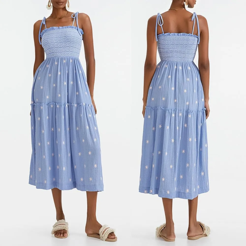 Women Floral Embroidered Maxi Dress Sleeveless Tie Shoulder Smocked Flowy Dress Boho Summer Sundresses with Pockets