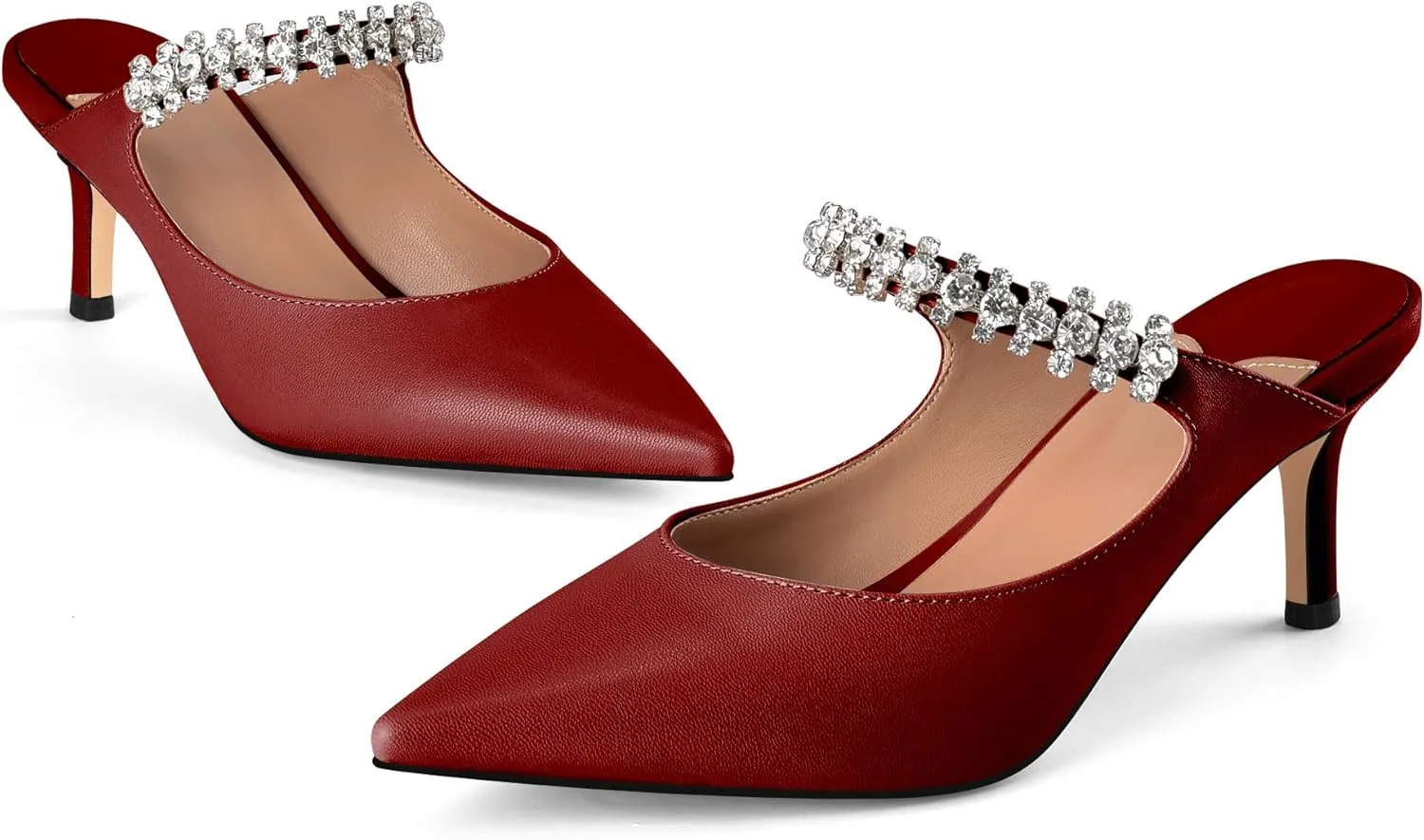 Women Heeled Mules Rhinestone Pointed Toe Stiletto High Heels Slip On Dress Shoes Bridal Evening Formal Wedding