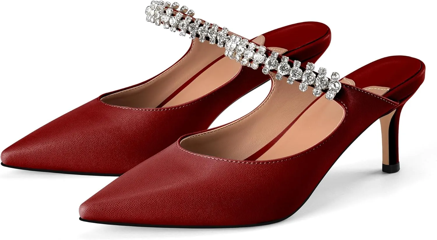 Women Heeled Mules Rhinestone Pointed Toe Stiletto High Heels Slip On Dress Shoes Bridal Evening Formal Wedding