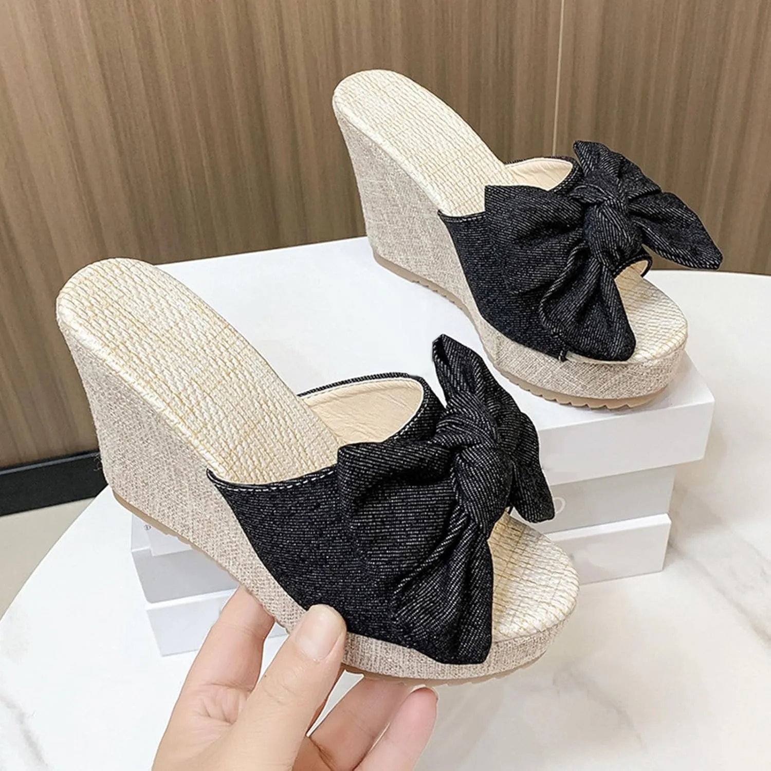 Women High Heel Wedge Sandal Bowknot Slip on High-Heels Slides Elegant Dressy Sandals Open Toe Platform Shoes
