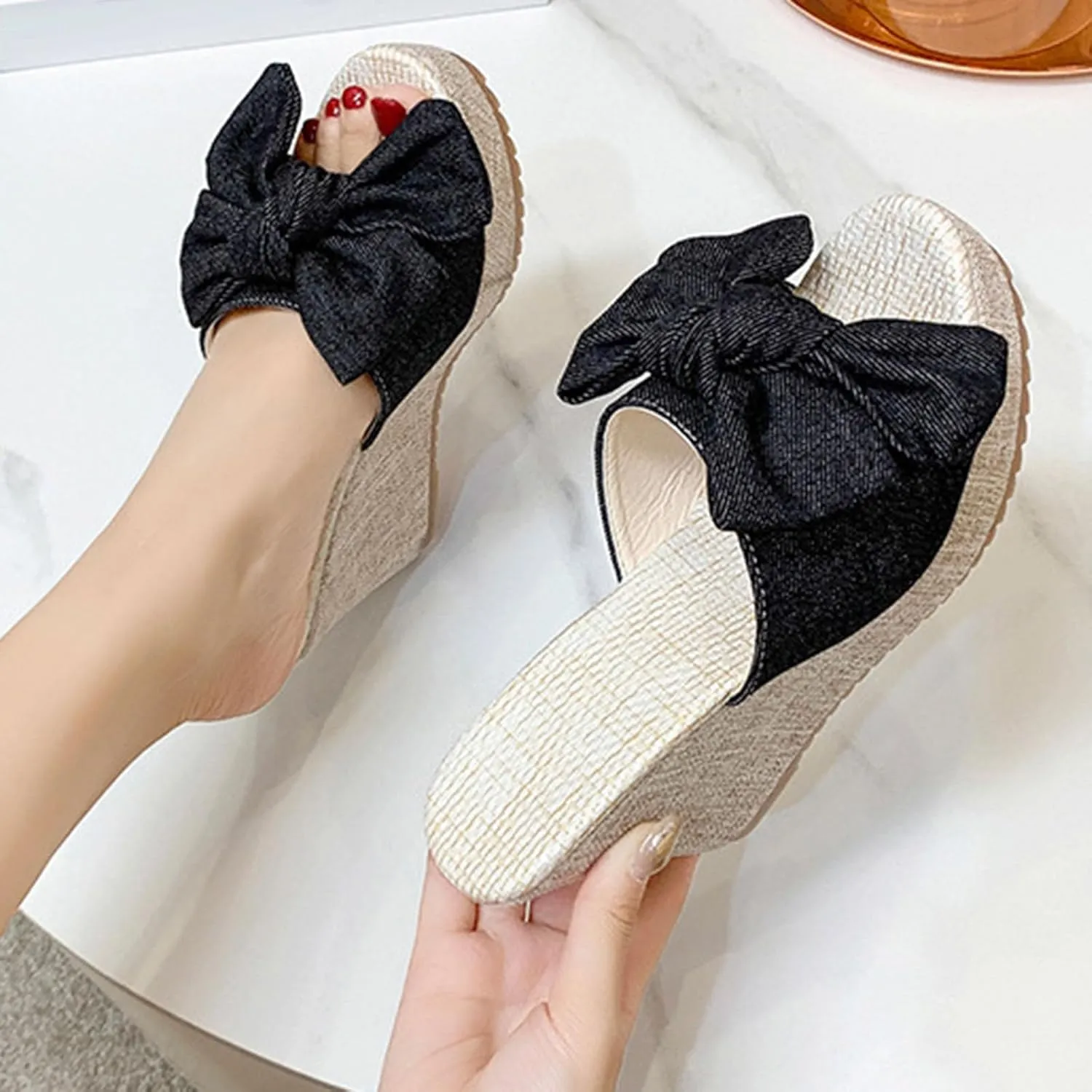 Women High Heel Wedge Sandal Bowknot Slip on High-Heels Slides Elegant Dressy Sandals Open Toe Platform Shoes