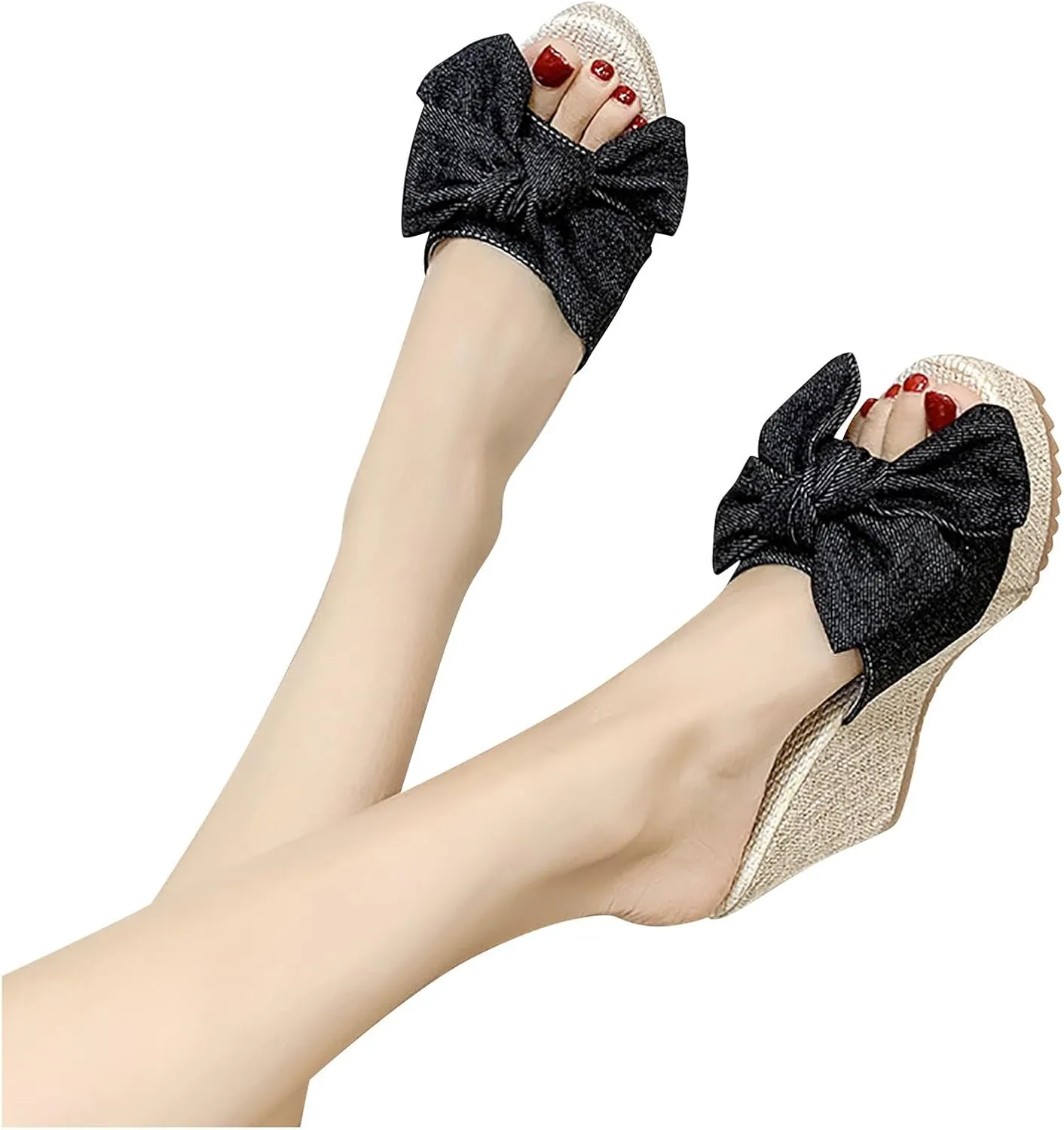 Women High Heel Wedge Sandal Bowknot Slip on High-Heels Slides Elegant Dressy Sandals Open Toe Platform Shoes