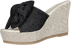 Women High Heel Wedge Sandal Bowknot Slip on High-Heels Slides Elegant Dressy Sandals Open Toe Platform Shoes