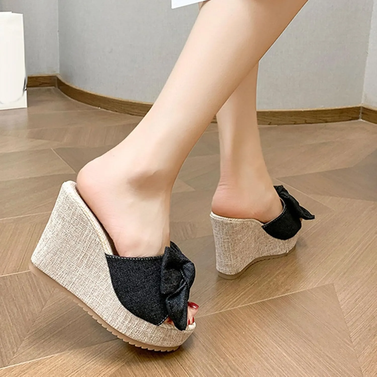 Women High Heel Wedge Sandal Bowknot Slip on High-Heels Slides Elegant Dressy Sandals Open Toe Platform Shoes