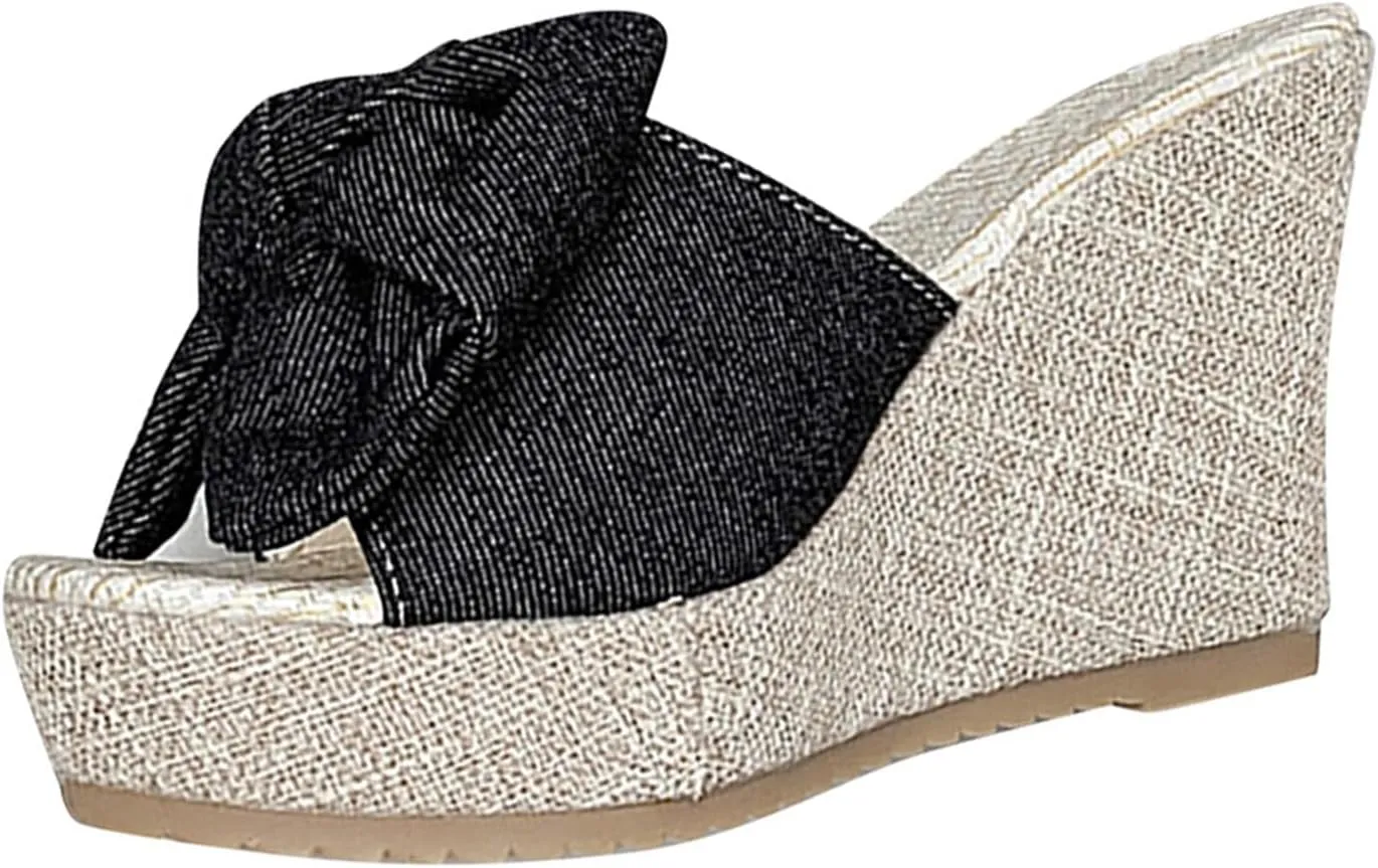 Women High Heel Wedge Sandal Bowknot Slip on High-Heels Slides Elegant Dressy Sandals Open Toe Platform Shoes