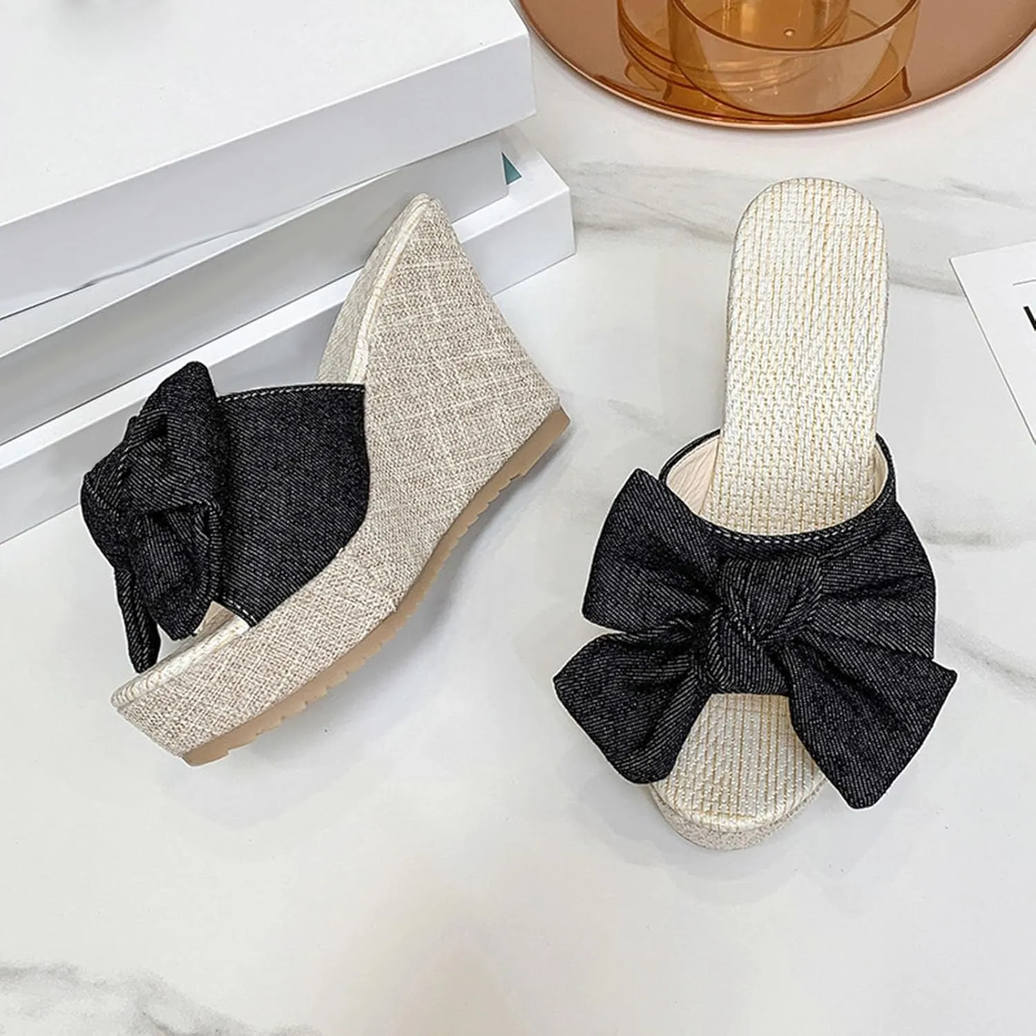 Women High Heel Wedge Sandal Bowknot Slip on High-Heels Slides Elegant Dressy Sandals Open Toe Platform Shoes