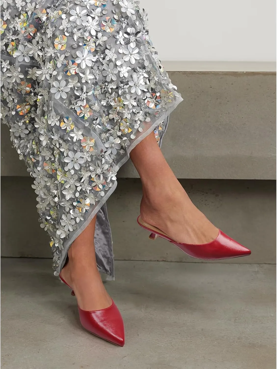 Women Kitten Heels Mules Mesh Pointed Toe Low Heel Pumps Closed Toe Slingback Dress Shoes
