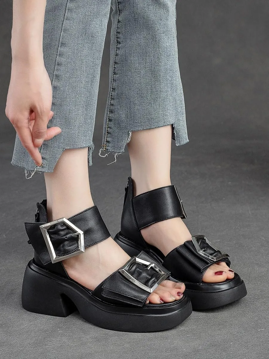 Women Leather Gladiator Sandals Open Toe Hollow Back Zipper Metal Ankle Buckle Dressy Platform Wedges Roman Sandals (Black,6)