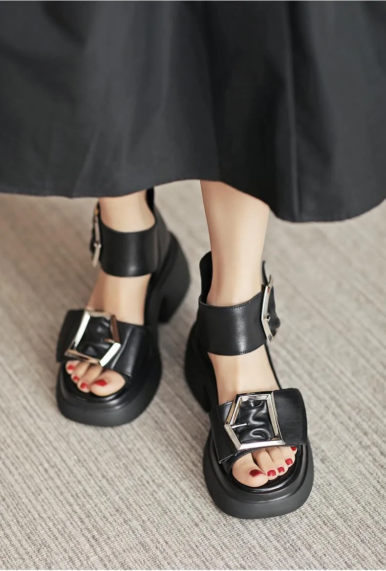 Women Leather Gladiator Sandals Open Toe Hollow Back Zipper Metal Ankle Buckle Dressy Platform Wedges Roman Sandals (Black,6)