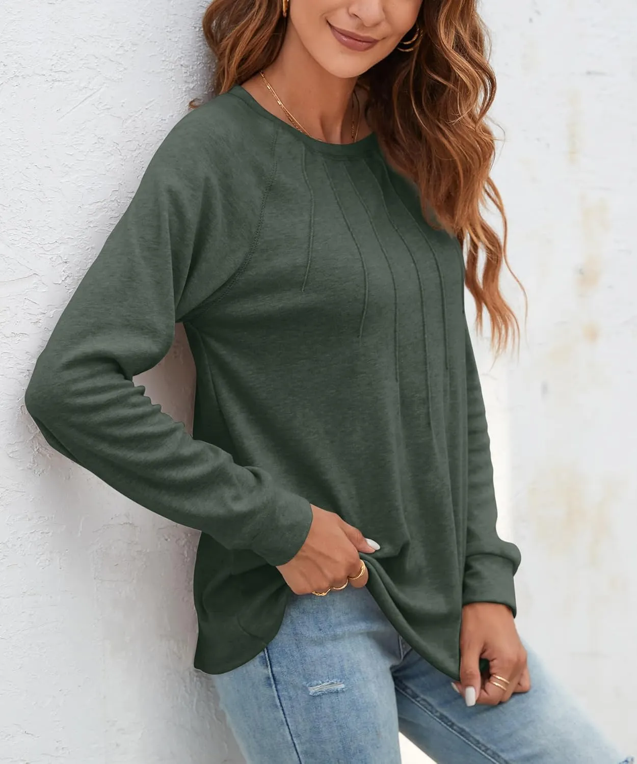 Women Long Sleeve Shirts Casual Tops Dressy Blouses Fashion Pleated Tunic