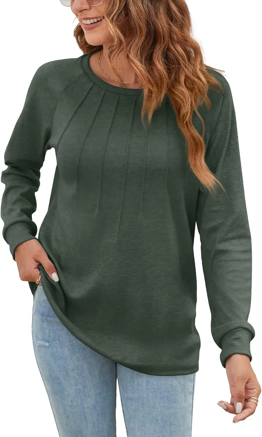 Women Long Sleeve Shirts Casual Tops Dressy Blouses Fashion Pleated Tunic