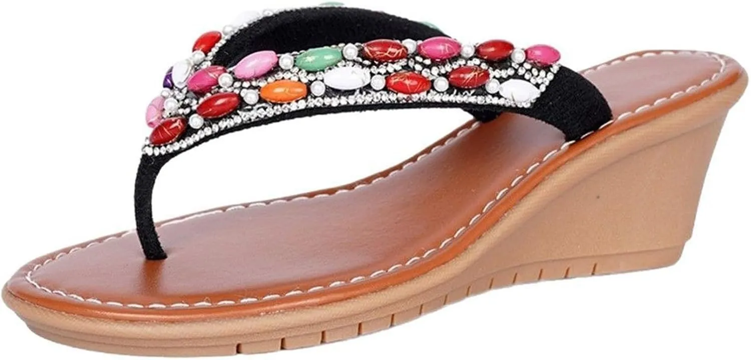 Women Rhinestone Boho Sandals Comfortable Clip Toe Bohemian Sandals Summer Dressy Slip On Wedge Flip Flop For Prom Party Wedding Performance