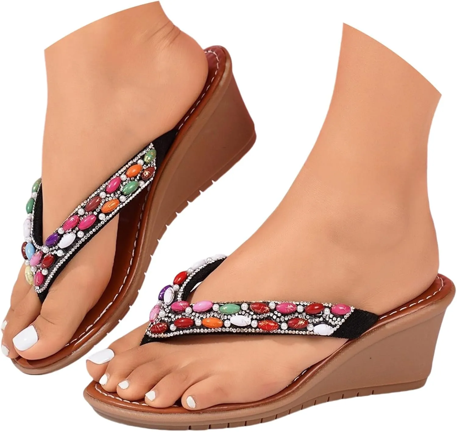 Women Rhinestone Boho Sandals Comfortable Clip Toe Bohemian Sandals Summer Dressy Slip On Wedge Flip Flop For Prom Party Wedding Performance