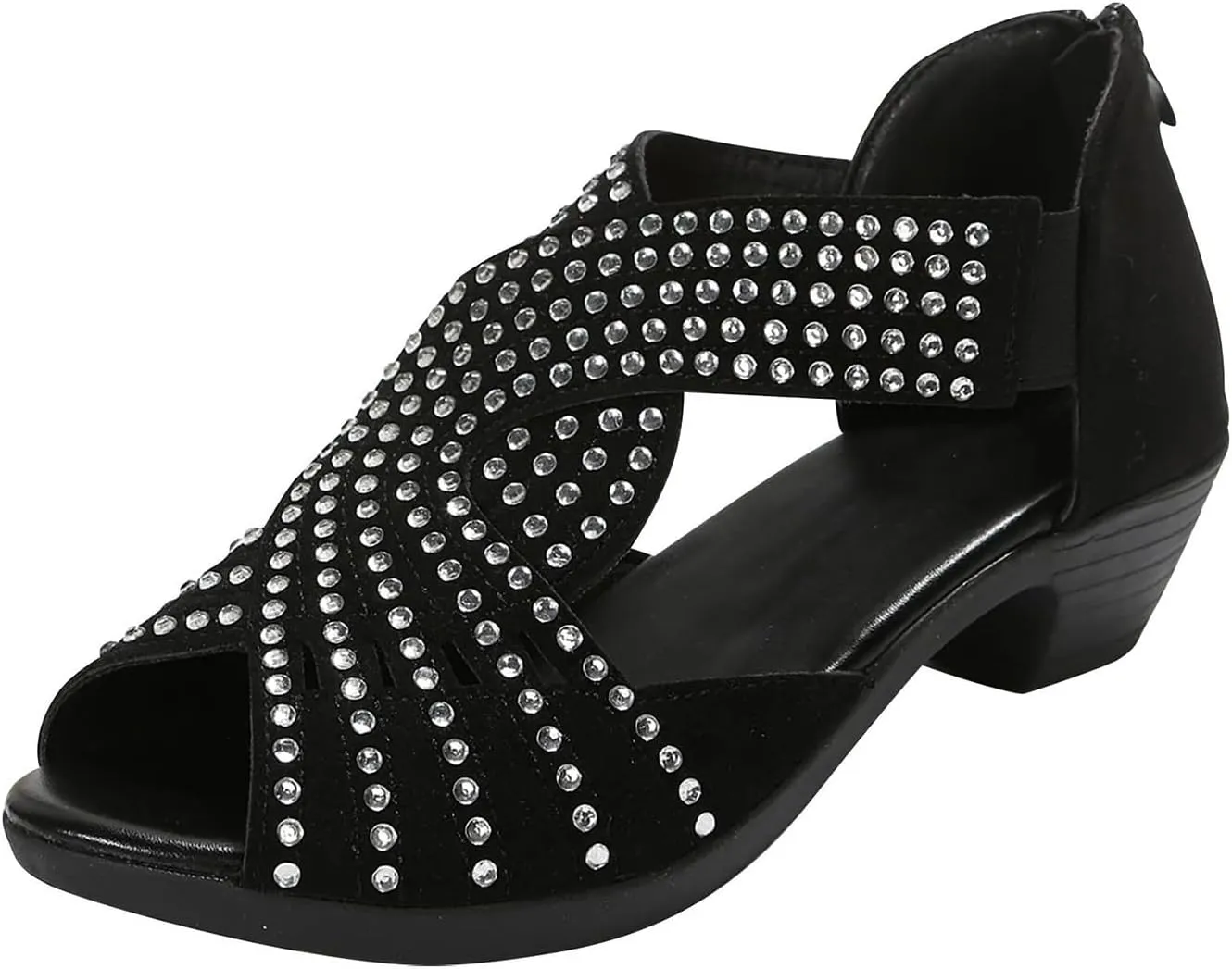 Women Rhinestone Chunky Heels Breathable Fish Mouth Back Zipper Platform Sandals Summer Dressy Cut Out Sandals Wedding Shoes