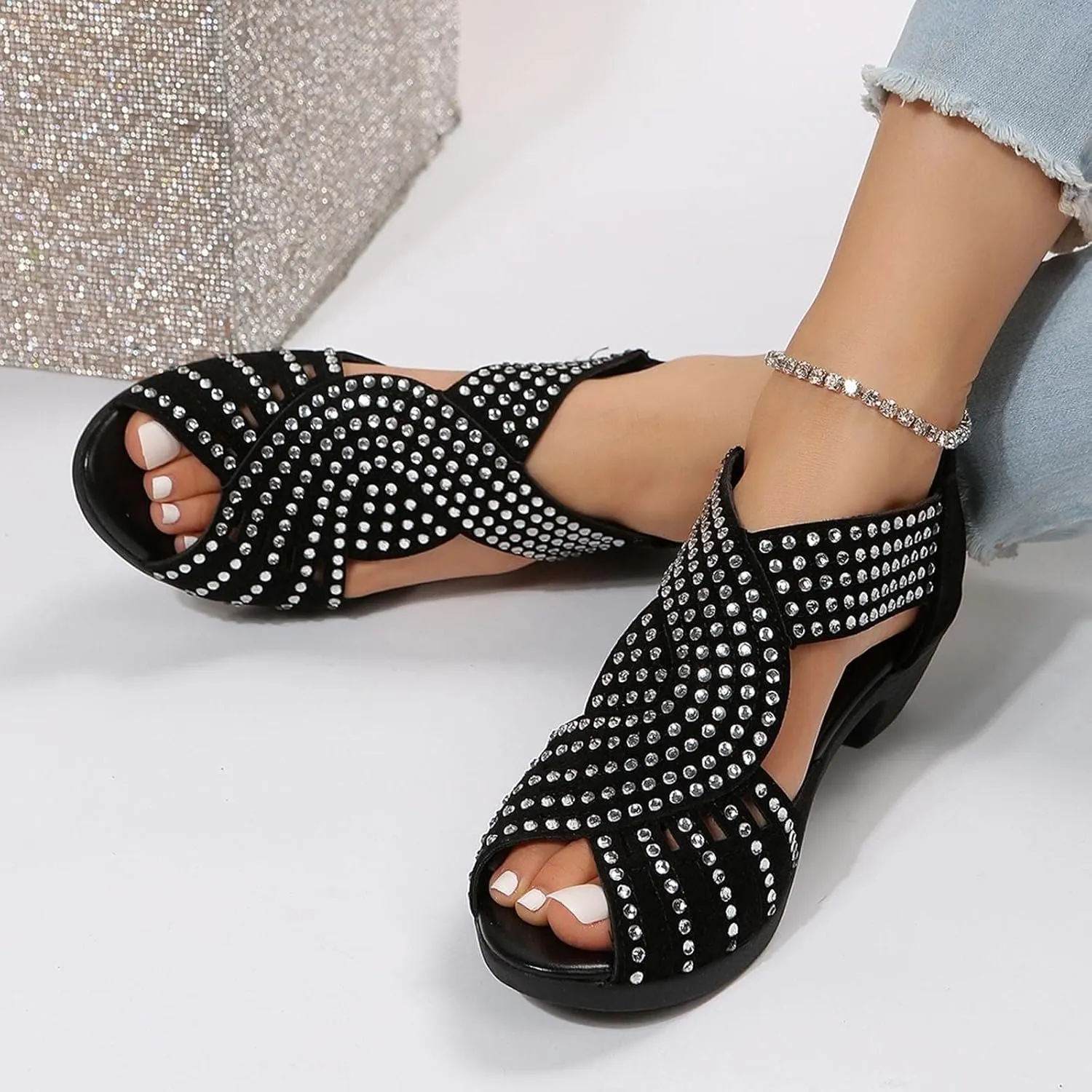 Women Rhinestone Chunky Heels Breathable Fish Mouth Back Zipper Platform Sandals Summer Dressy Cut Out Sandals Wedding Shoes