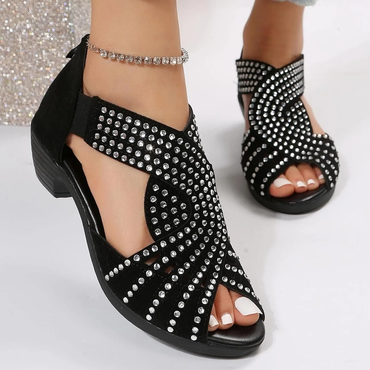 Women Rhinestone Chunky Heels Breathable Fish Mouth Back Zipper Platform Sandals Summer Dressy Cut Out Sandals Wedding Shoes