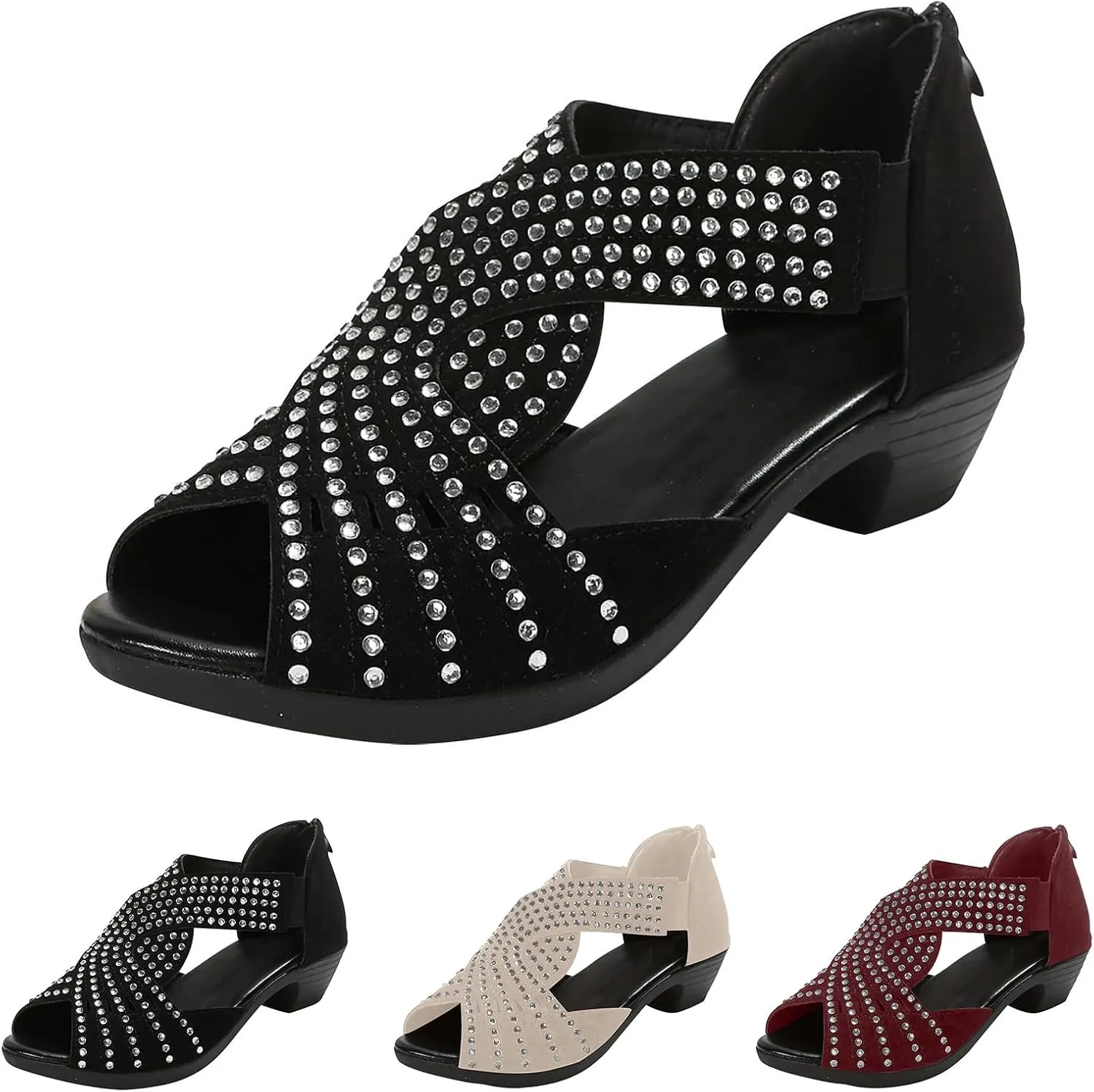 Women Rhinestone Chunky Heels Breathable Fish Mouth Back Zipper Platform Sandals Summer Dressy Cut Out Sandals Wedding Shoes