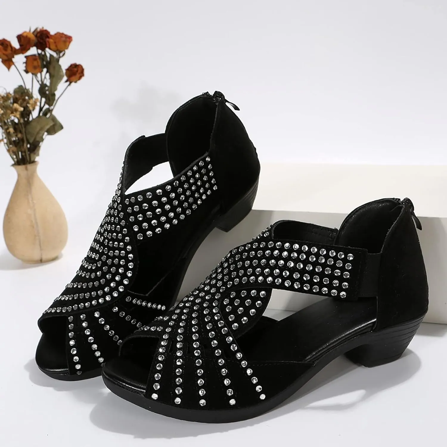 Women Rhinestone Chunky Heels Breathable Fish Mouth Back Zipper Platform Sandals Summer Dressy Cut Out Sandals Wedding Shoes