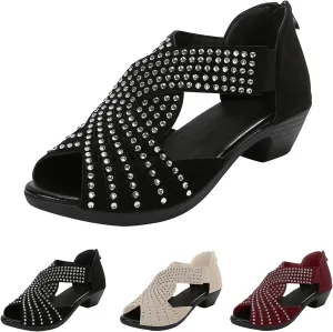 Women Rhinestone Chunky Heels Breathable Fish Mouth Back Zipper Platform Sandals Summer Dressy Cut Out Sandals Wedding Shoes