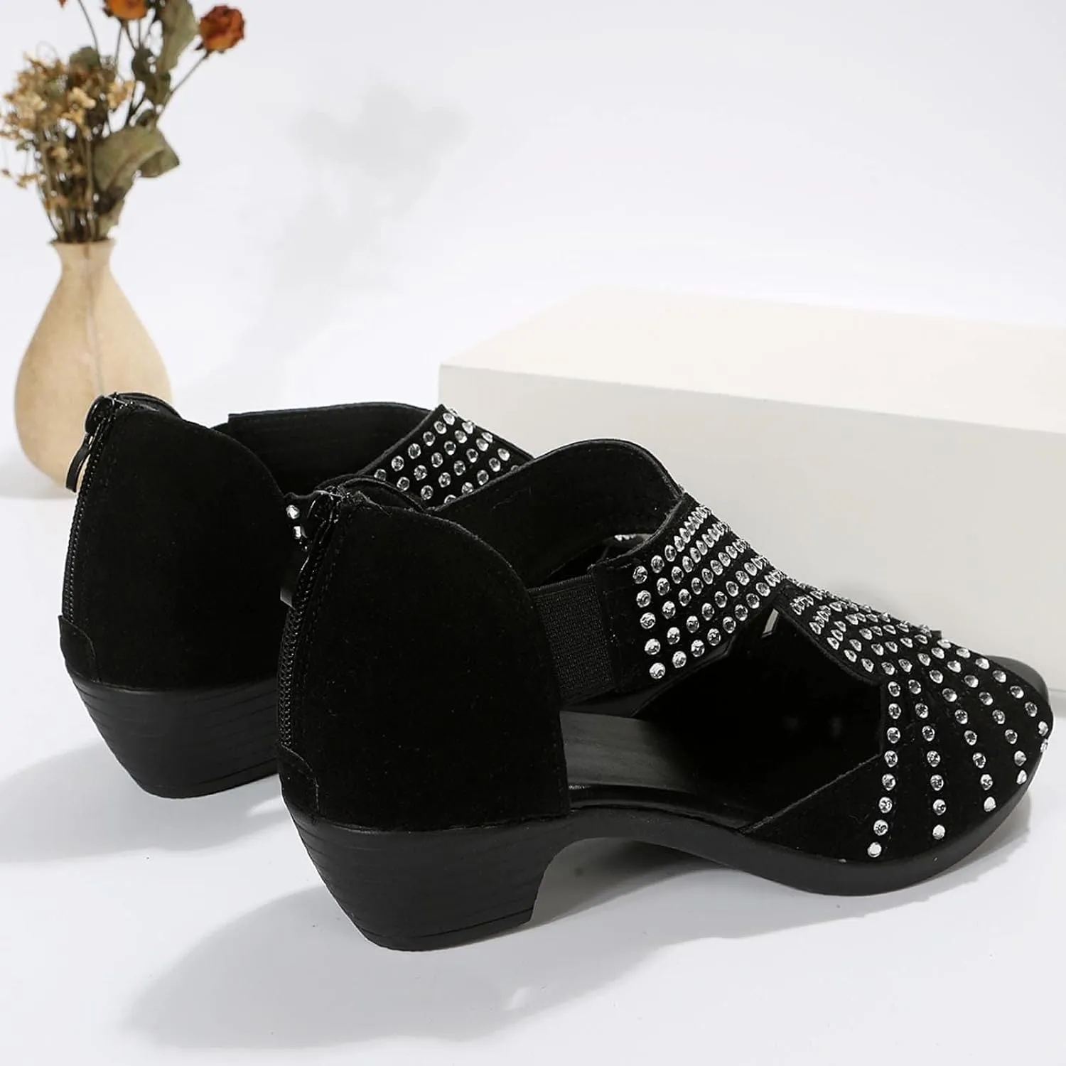 Women Rhinestone Chunky Heels Breathable Fish Mouth Back Zipper Platform Sandals Summer Dressy Cut Out Sandals Wedding Shoes