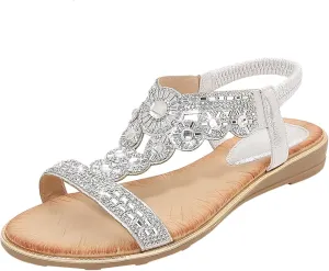 Women Rhinestone Sandals T-Strap Buckle Bohemian Pearl Crystal Flat Sandals Summer Casual Beach Sandals (Silver, 7.5)