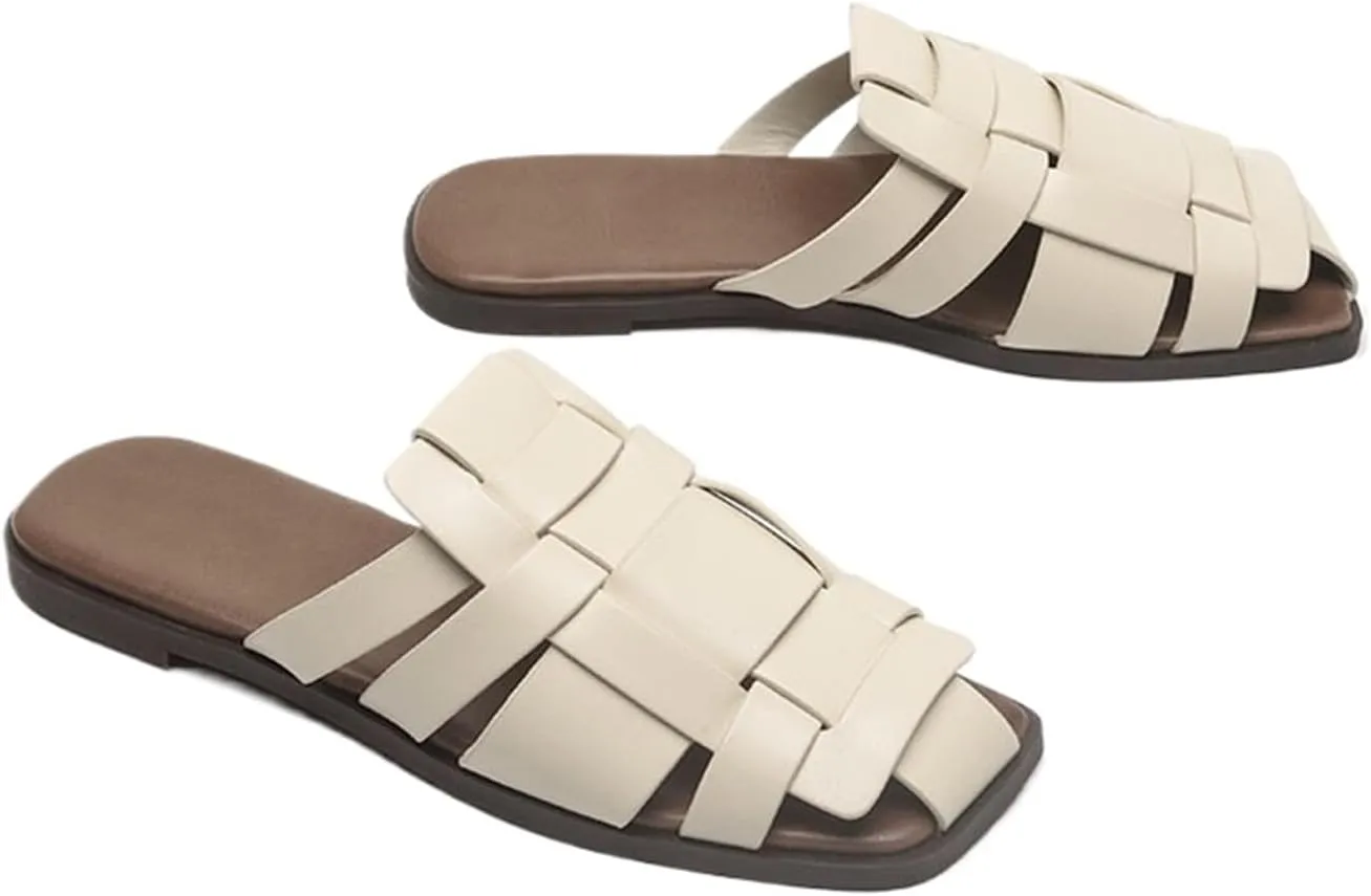 Women Square Toe Braided Flat Sandals Dressy Slides,Trendy Comfy Leather Closed Toe Vacation Sandals Mules