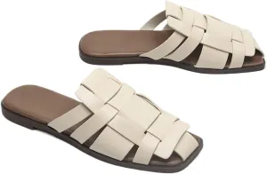 Women Square Toe Braided Flat Sandals Dressy Slides,Trendy Comfy Leather Closed Toe Vacation Sandals Mules
