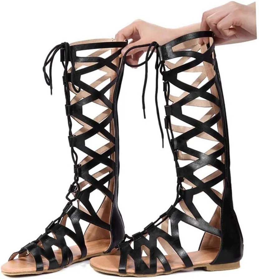 Women Summer Beach Knee High Gladiator Sandals Open Toe Cross Strap Slip On Roman Sandals Lace Up Zipper Back Dress Shoes