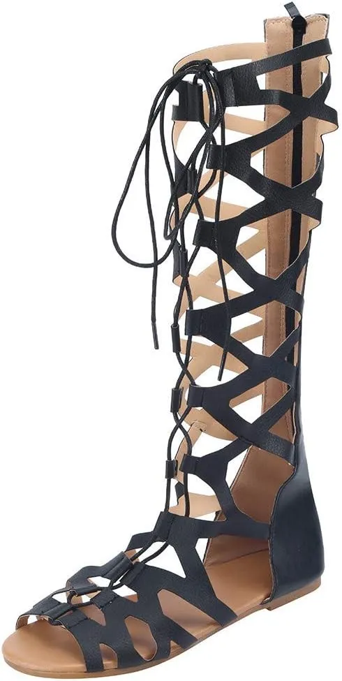 Women Summer Beach Knee High Gladiator Sandals Open Toe Cross Strap Slip On Roman Sandals Lace Up Zipper Back Dress Shoes