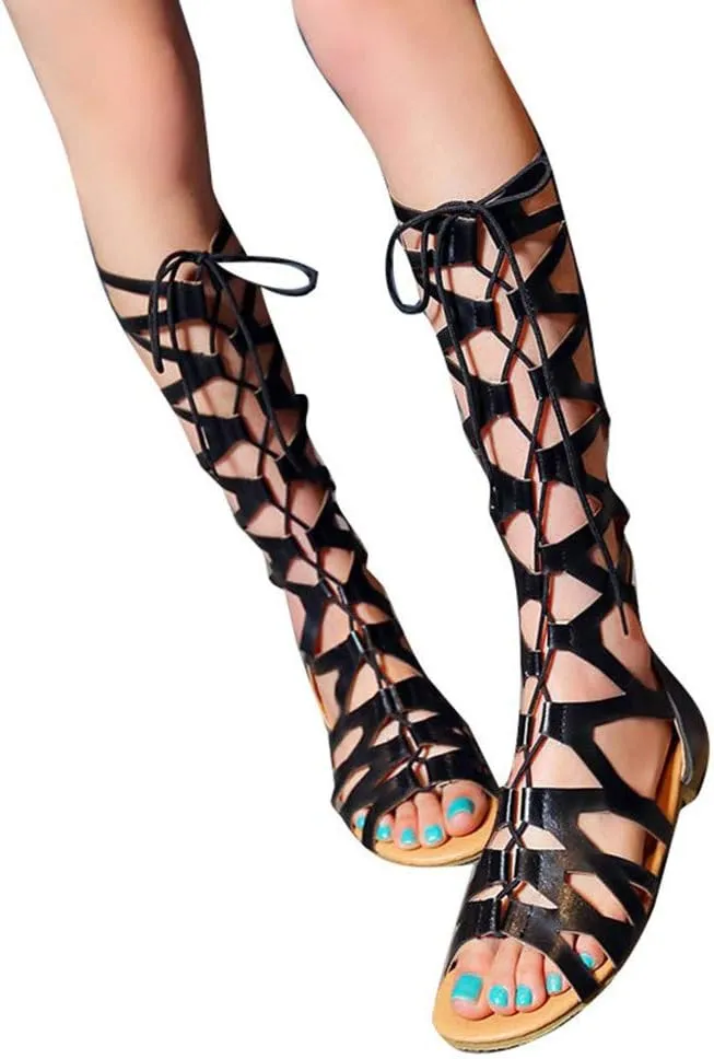 Women Summer Beach Knee High Gladiator Sandals Open Toe Cross Strap Slip On Roman Sandals Lace Up Zipper Back Dress Shoes