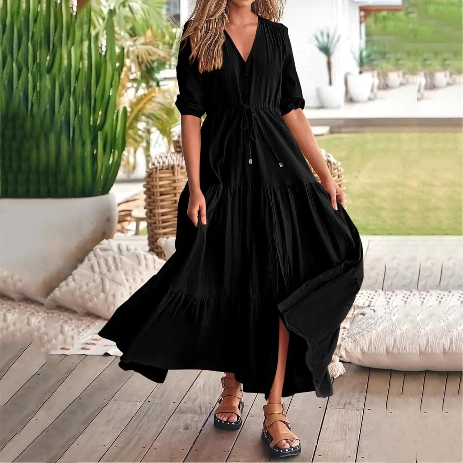 Women Summer Dresses Casual Short Sleeve Maxi Dress V Neck Split Long Beach Dress Button Drawstring Vacation Sundress