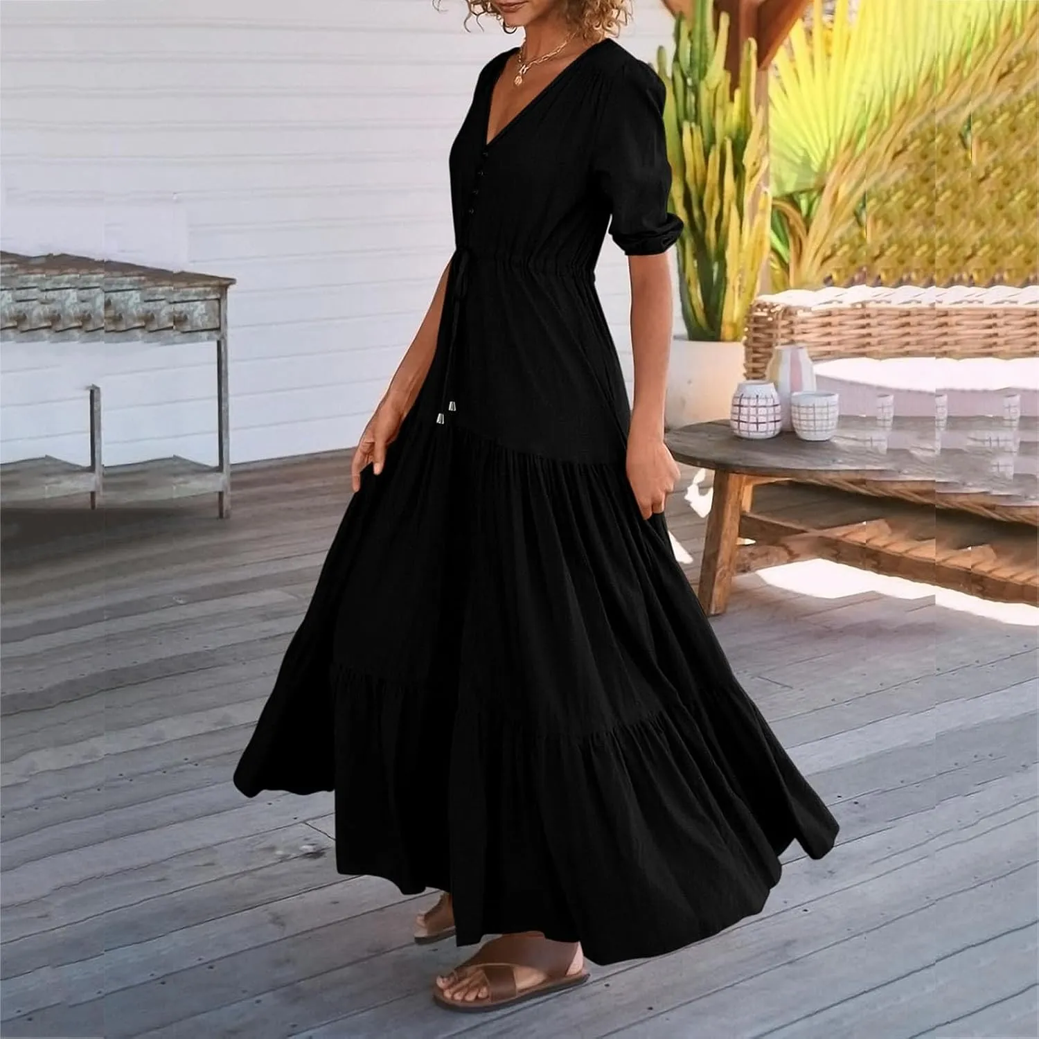 Women Summer Dresses Casual Short Sleeve Maxi Dress V Neck Split Long Beach Dress Button Drawstring Vacation Sundress