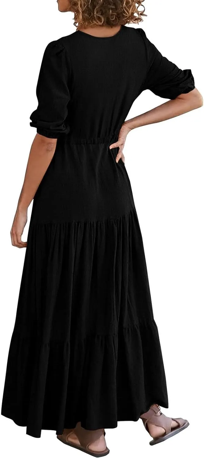 Women Summer Dresses Casual Short Sleeve Maxi Dress V Neck Split Long Beach Dress Button Drawstring Vacation Sundress