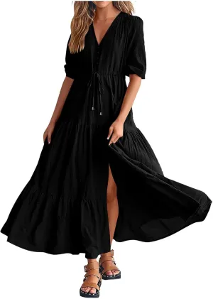Women Summer Dresses Casual Short Sleeve Maxi Dress V Neck Split Long Beach Dress Button Drawstring Vacation Sundress