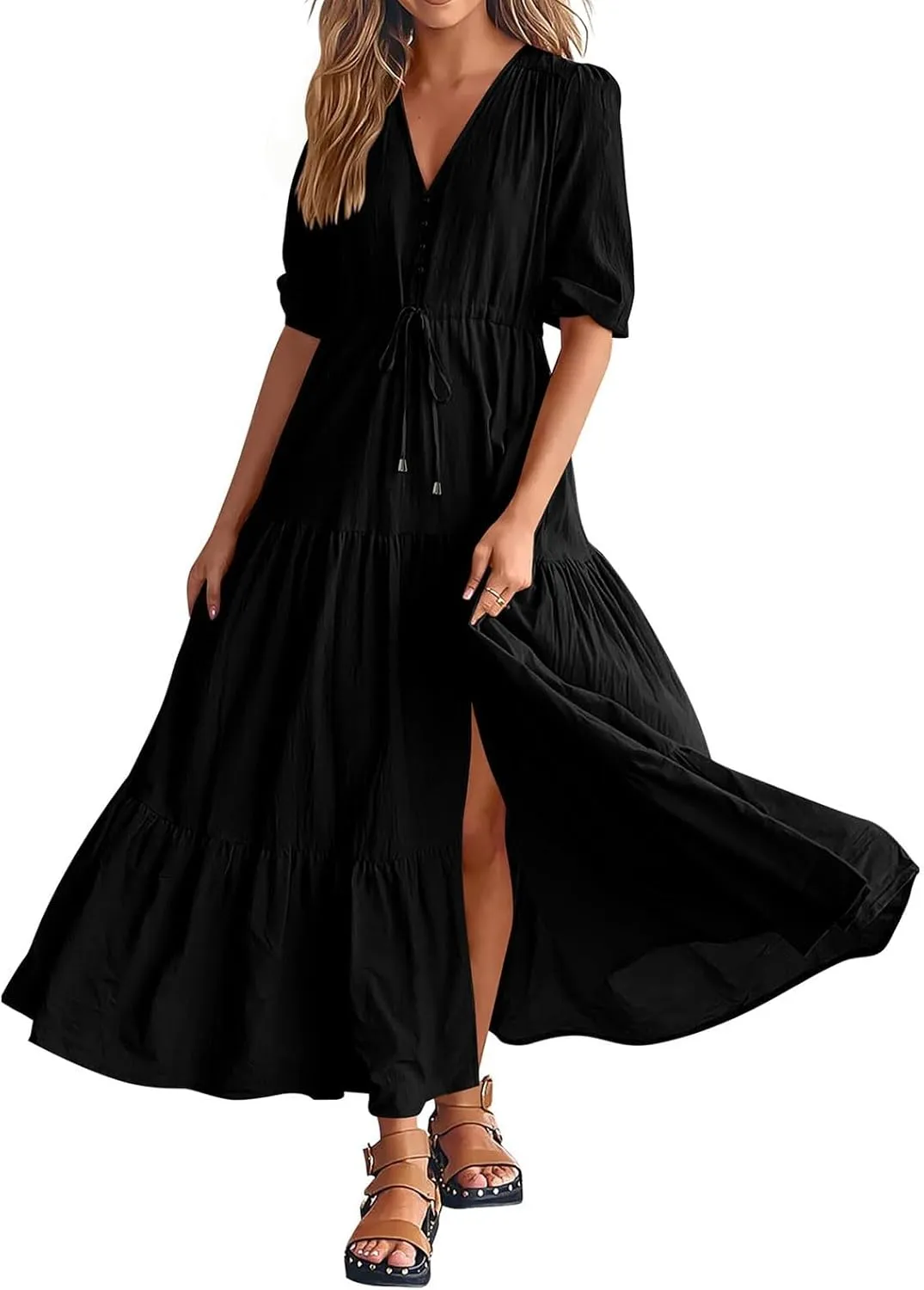 Women Summer Dresses Casual Short Sleeve Maxi Dress V Neck Split Long Beach Dress Button Drawstring Vacation Sundress