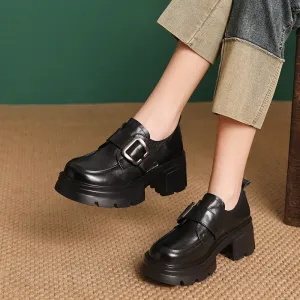 Women Vintage Plain Leather Buckle Chunky Heel Loafers