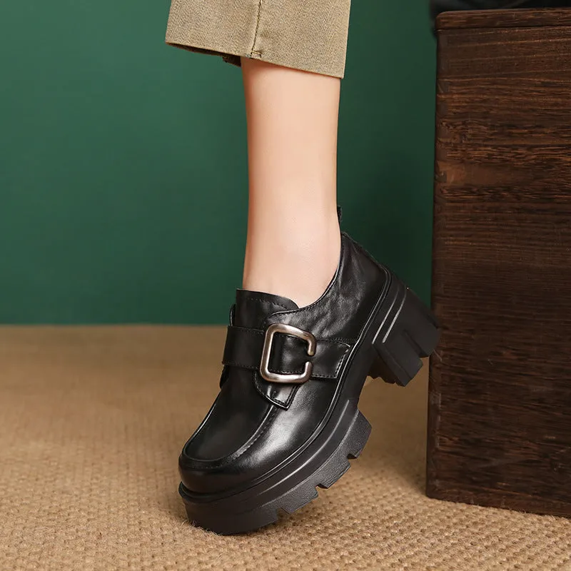 Women Vintage Plain Leather Buckle Chunky Heel Loafers