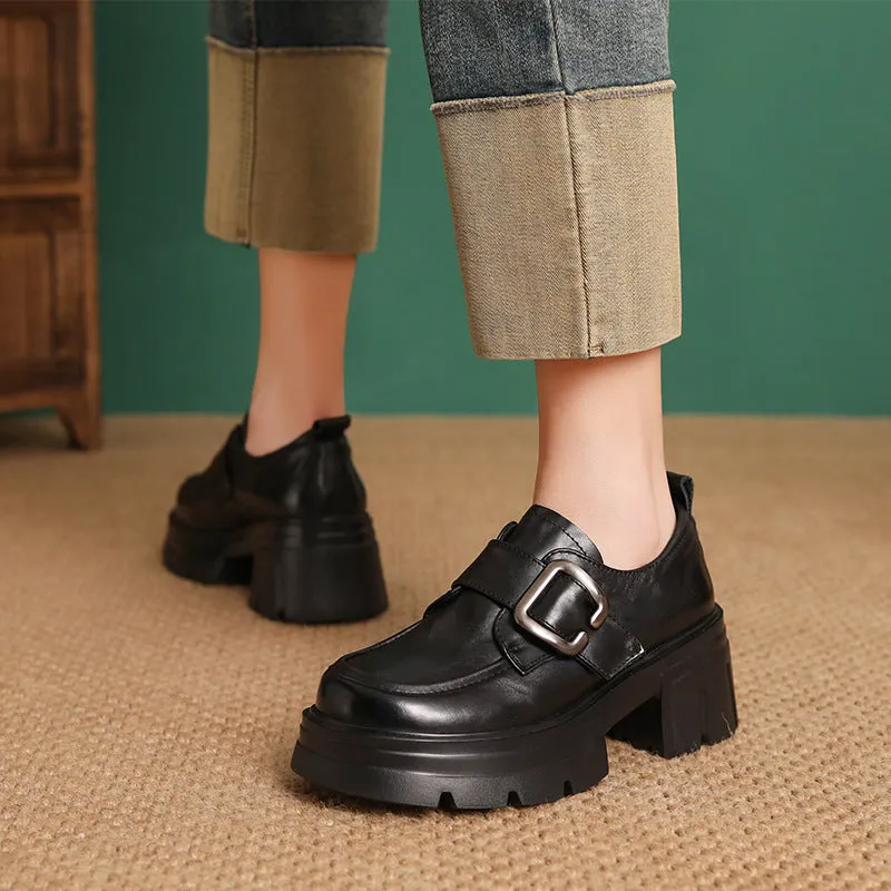 Women Vintage Plain Leather Buckle Chunky Heel Loafers