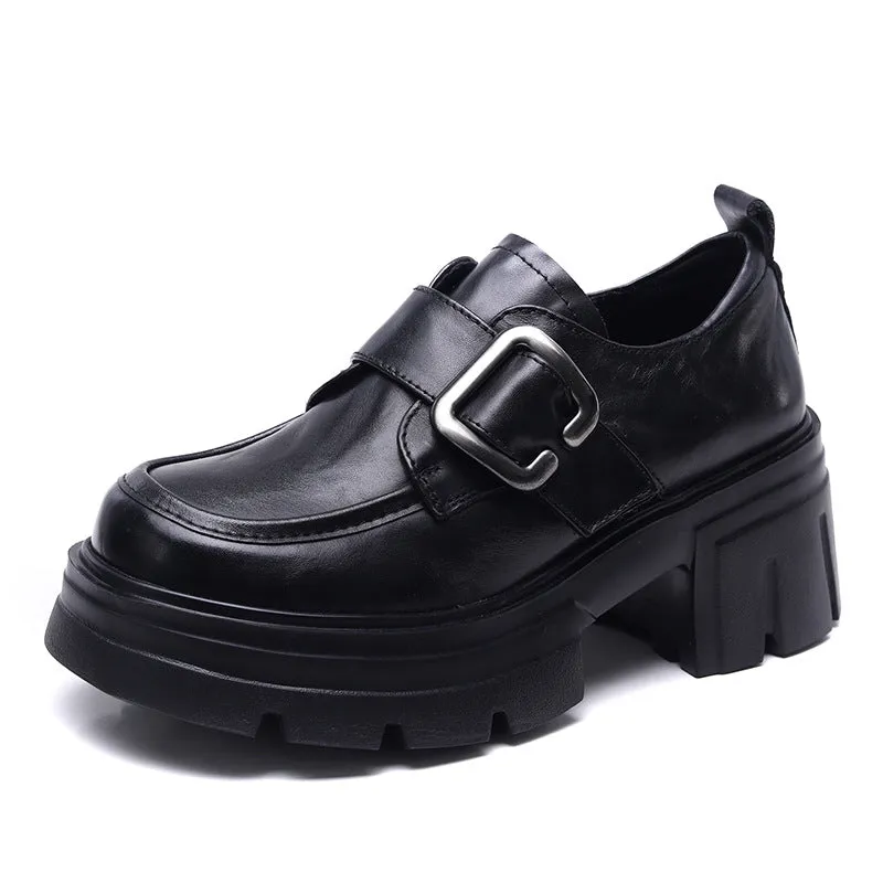 Women Vintage Plain Leather Buckle Chunky Heel Loafers