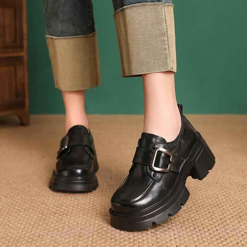 Women Vintage Plain Leather Buckle Chunky Heel Loafers