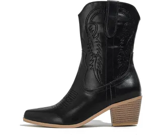 Women Western Ankle Block Stacked Heel Embroidered Cowboy Boots & Booties