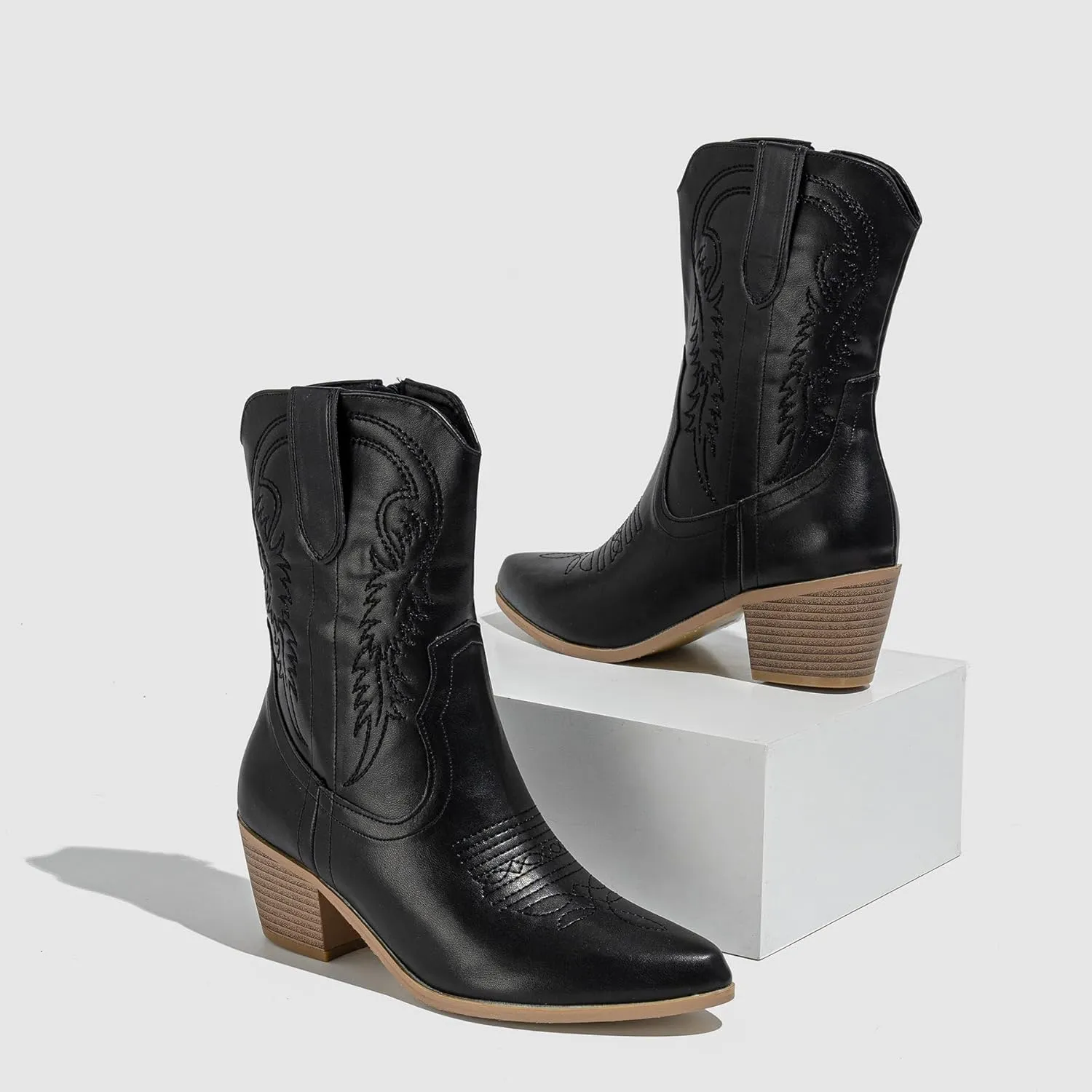 Women Western Ankle Block Stacked Heel Embroidered Cowboy Boots & Booties