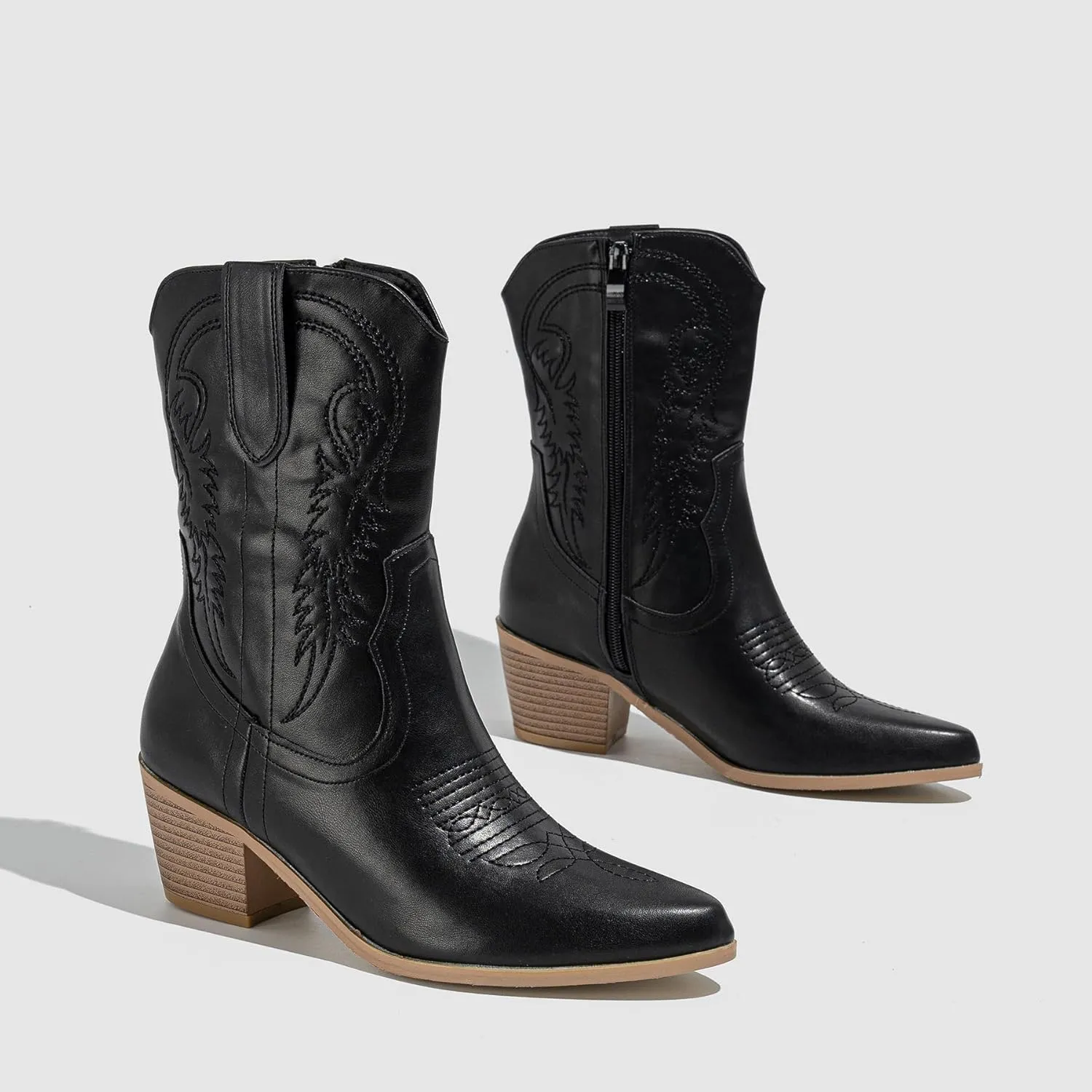 Women Western Ankle Block Stacked Heel Embroidered Cowboy Boots & Booties