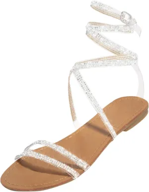 Women's Ankle Strap Flat Sandals Summer Dressy Strappy Gladiator Rhinestones Sandals Beach Shoes Vacation