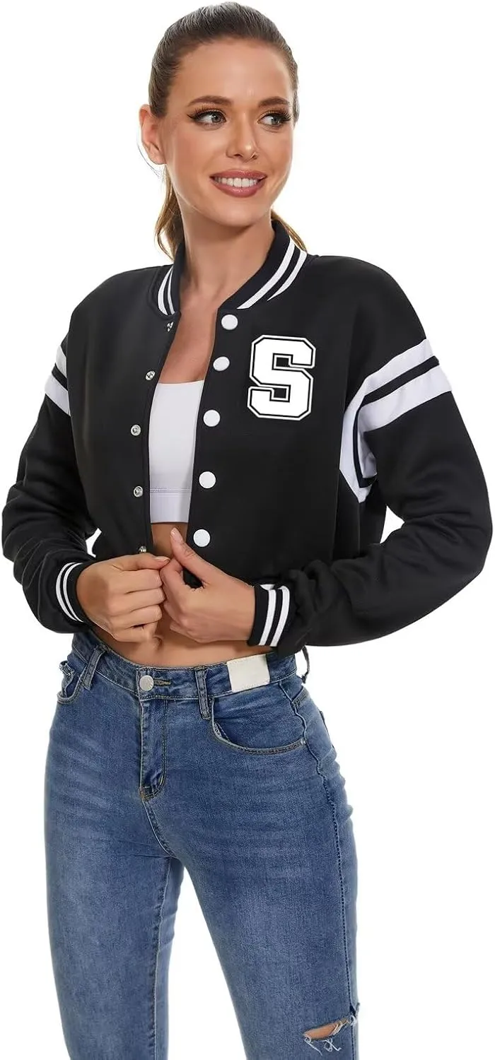 Women's Baseball Varsity Jacket Vintage Crop Top Letter Print College Letterman Coat Bomber Jackets